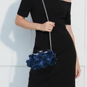 Elegant Blue Evening Purse Small Floral Clutch Bag with Detachable Chain Strap